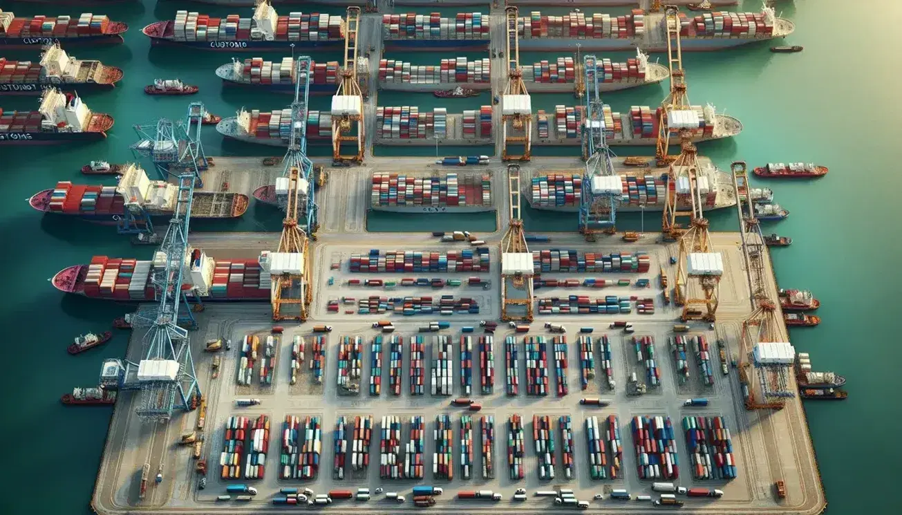 Vista aérea de complejo aduanero en puerto marítimo con barcos anclados, grúas moviendo contenedores y camiones en zona de inspección en día despejado.