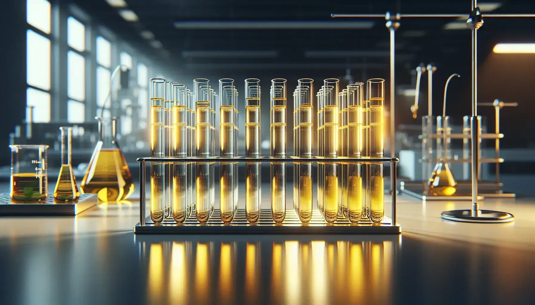 Tubos de ensayo transparentes en soporte metálico con líquidos en tonos amarillos en laboratorio, reflejando precisión y ambiente científico.
