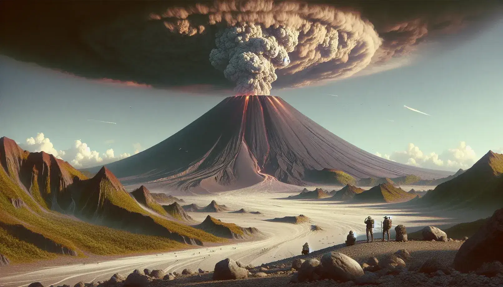Volcán en erupción con columna de humo y ceniza, flanco rojizo y observadores con cascos al frente en paisaje natural.