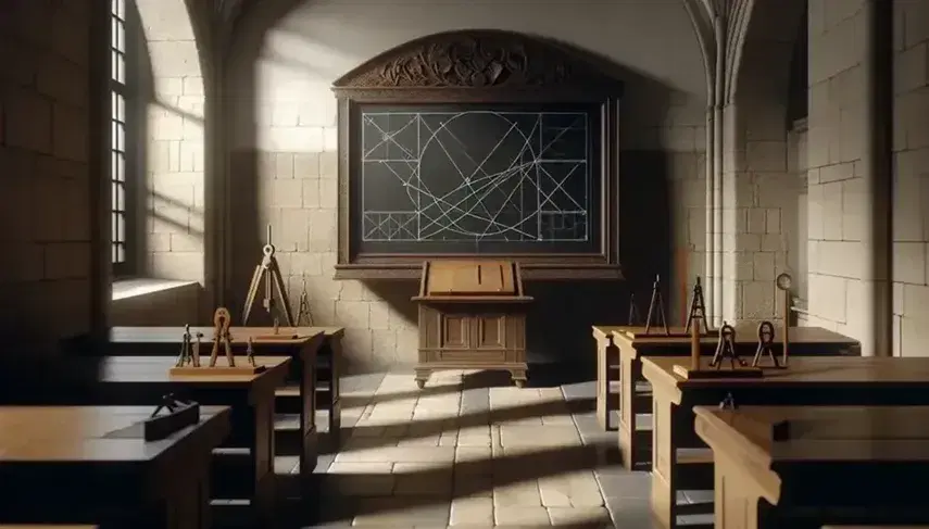 Aula antigua con paredes de piedra y ventanas grandes, pizarra de madera oscura con formas geométricas de tiza, bancos de madera alineados y herramientas de dibujo en mesa lateral.