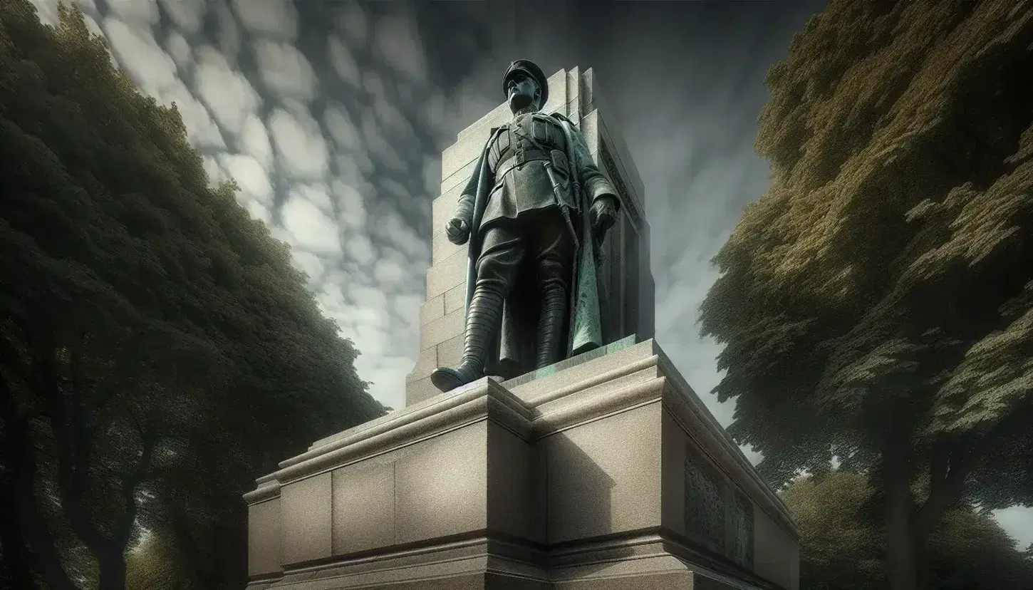 Statua in bronzo di uomo in uniforme militare su piedistallo in pietra grigia, con sfondo di alberi verdi e luce soffusa.