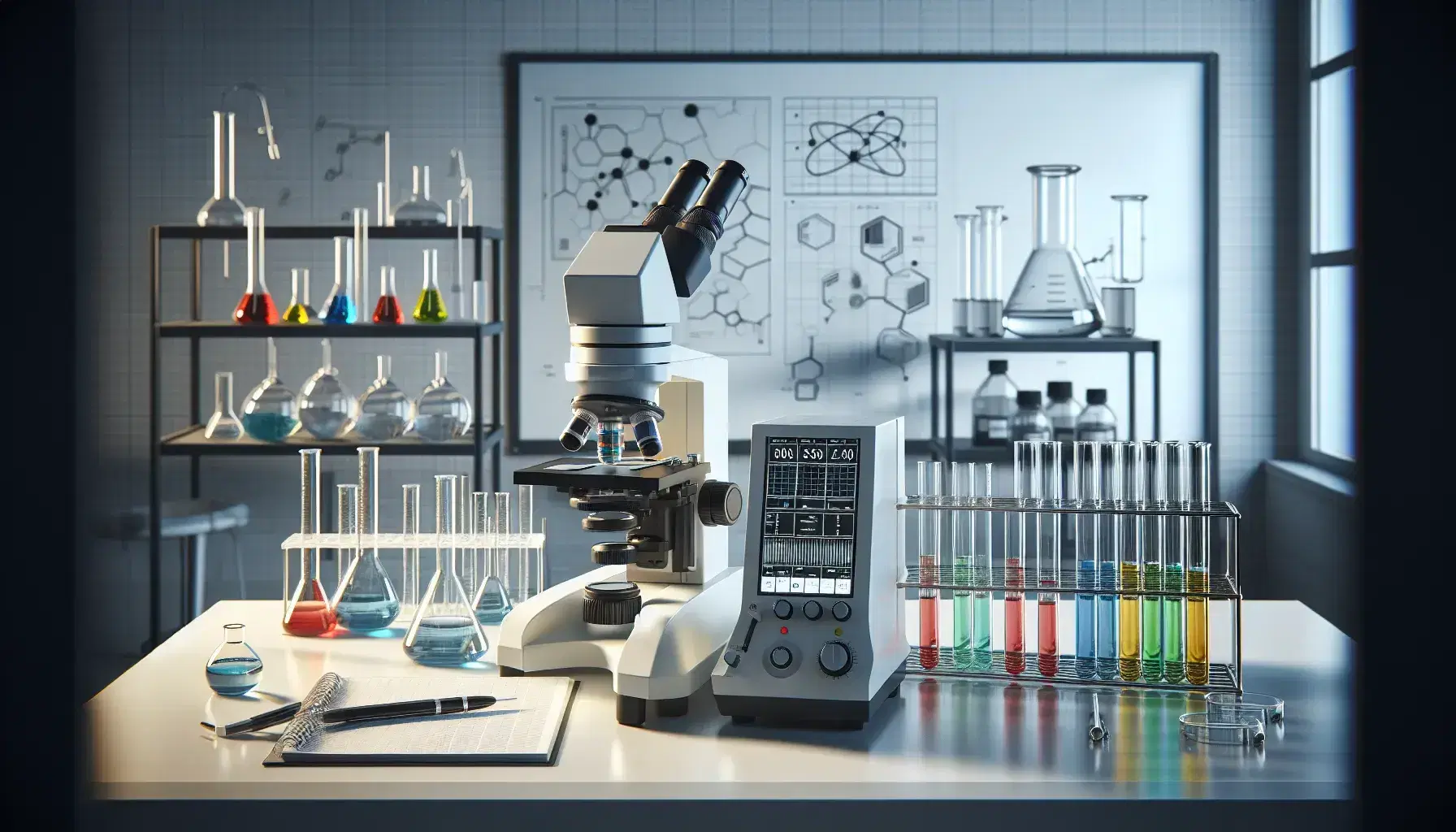 Laboratorio científico con microscopios, tubos de ensayo con líquidos de colores y balanza analítica, reflejando un entorno de investigación y análisis.