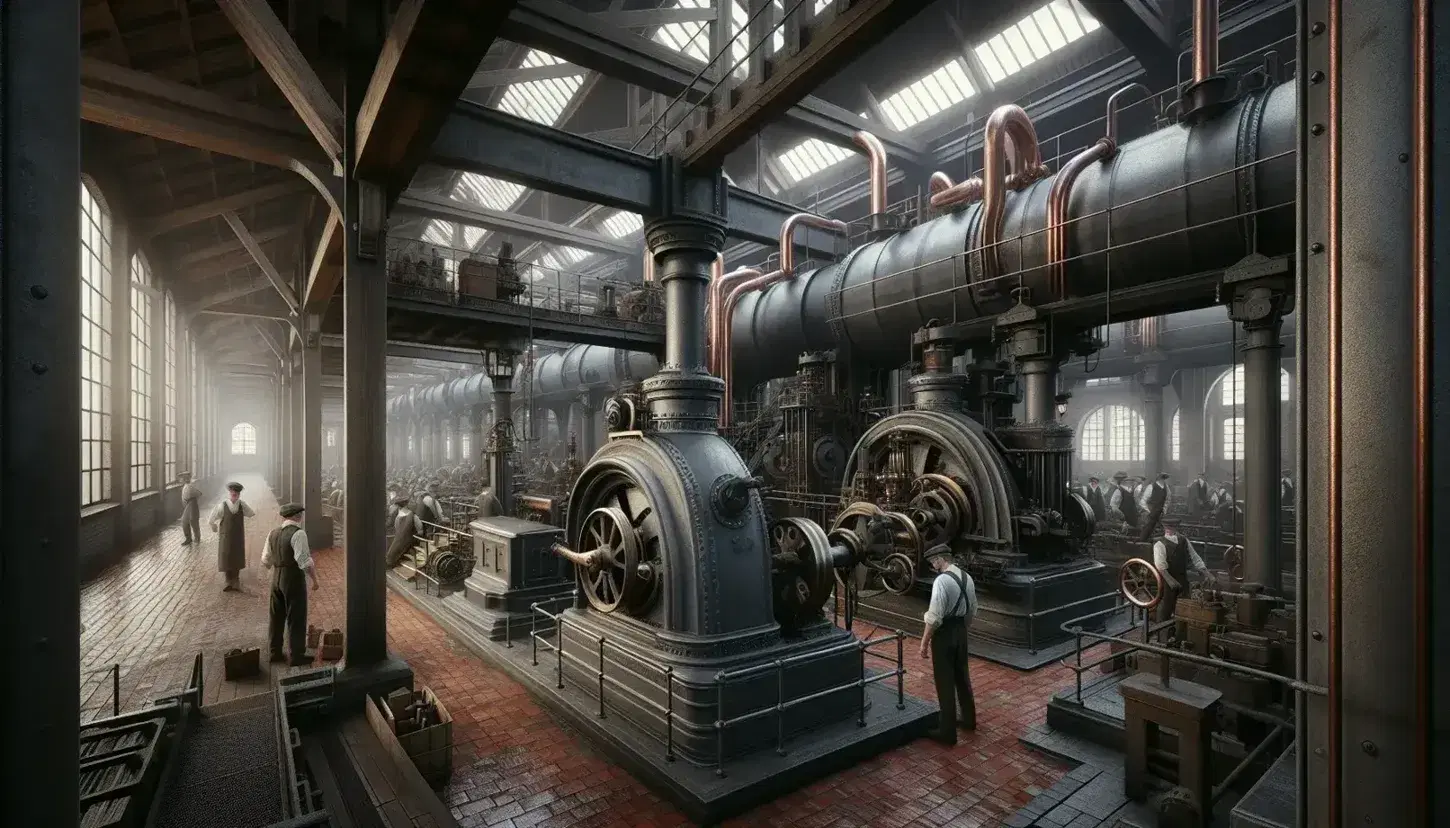 Fábrica de la era de la Revolución Industrial con maquinaria de vapor en funcionamiento, trabajadores ocupados y luz natural filtrándose por grandes ventanas.
