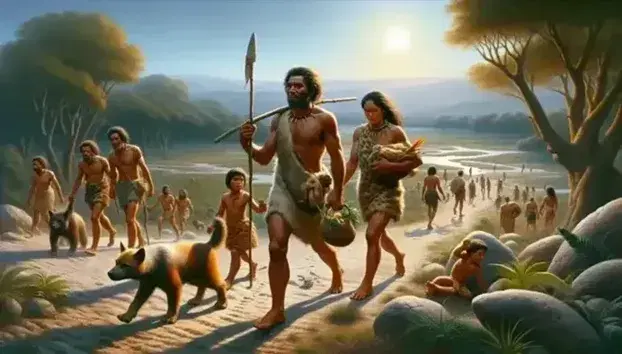 Group of Homo sapiens migrating at dawn, with a man armed with a spear, a woman with a basket and a child, in a landscape of forest and prairie.