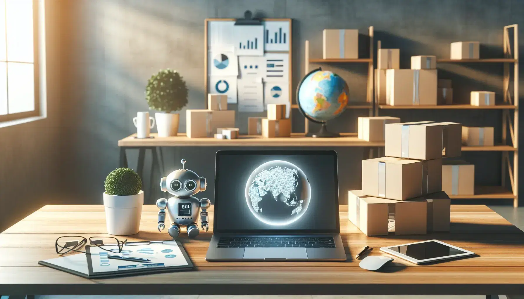 Scrivania moderna con laptop aperto, robot giocattolo, mappamondo stilizzato, piante, pacchetti impilati e grafici stampati.