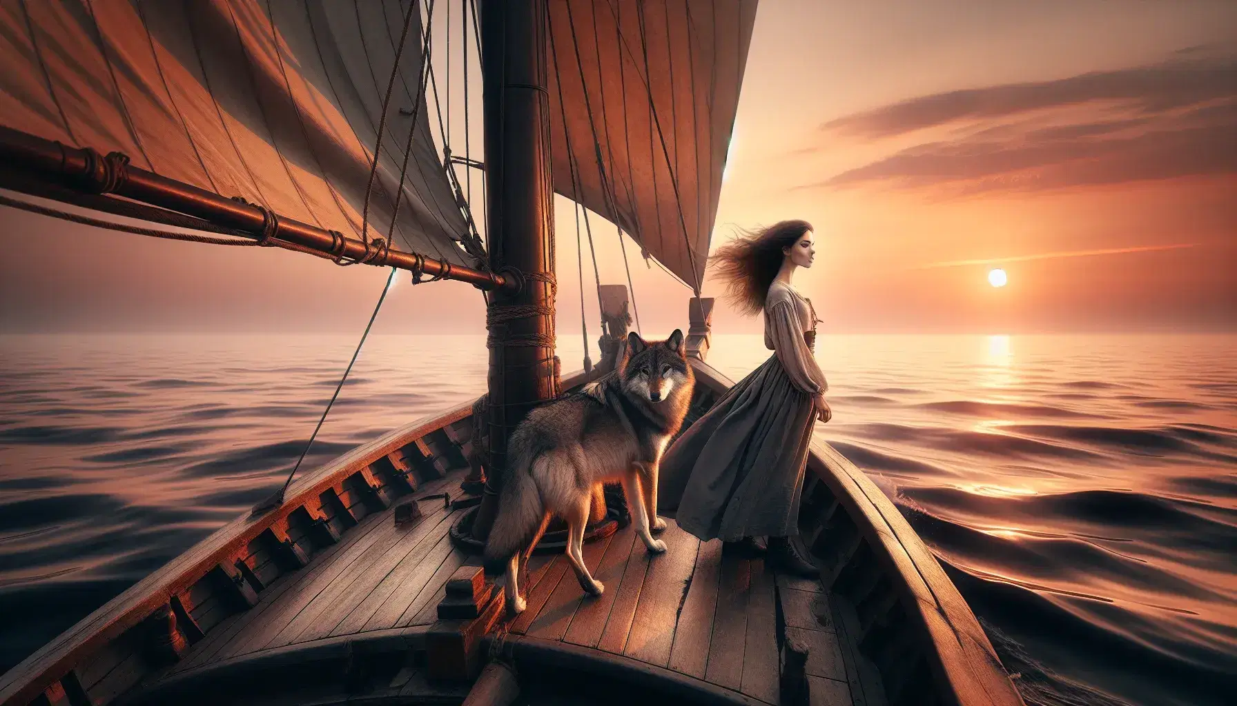 Giovane donna con capelli al vento e lupo grigio su prua nave in legno al tramonto, mare calmo e cielo arancione.