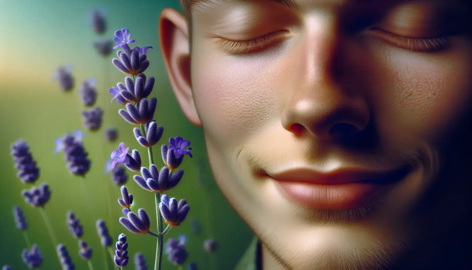 Close-up of a serene person with eyes closed, smiling slightly as they smell a sharp-focused purple lavender flower, against a blurred green and blue backdrop.