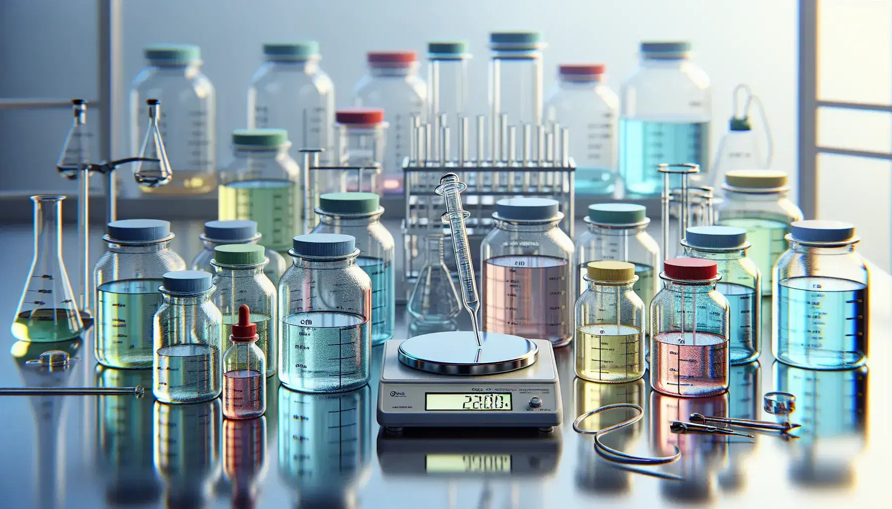 Frascos de vidrio con tapas coloridas y líquidos variados en laboratorio, pipeta extrayendo muestra y balanza analítica apagada en mesa blanca.