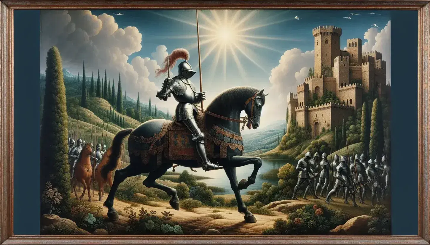 Cavaliere in armatura su cavallo castano in posa eroica con lancia luccicante, città fortificata rinascimentale e soldati in marcia sullo sfondo campestre italiano.