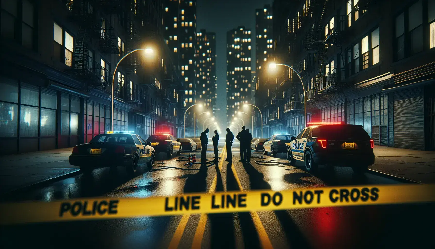 Escena nocturna de calle urbana con cinta de policía amarilla, coches patrulla con luces intermitentes y siluetas de personas conversando.