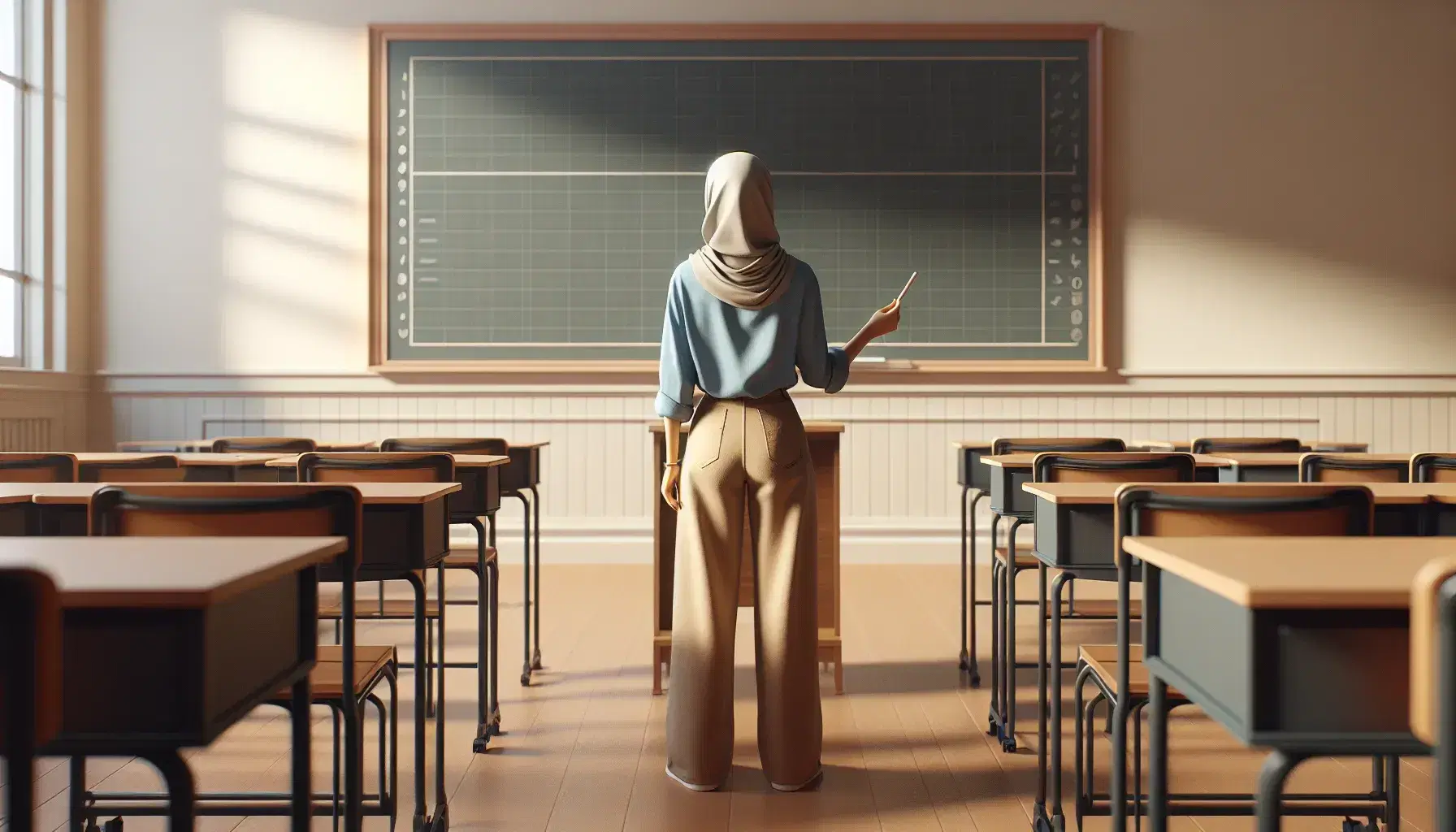 Middle-Eastern female teacher stands before a blank chalkboard in a classroom, holding chalk, with rows of empty desks, ready to begin a lesson.