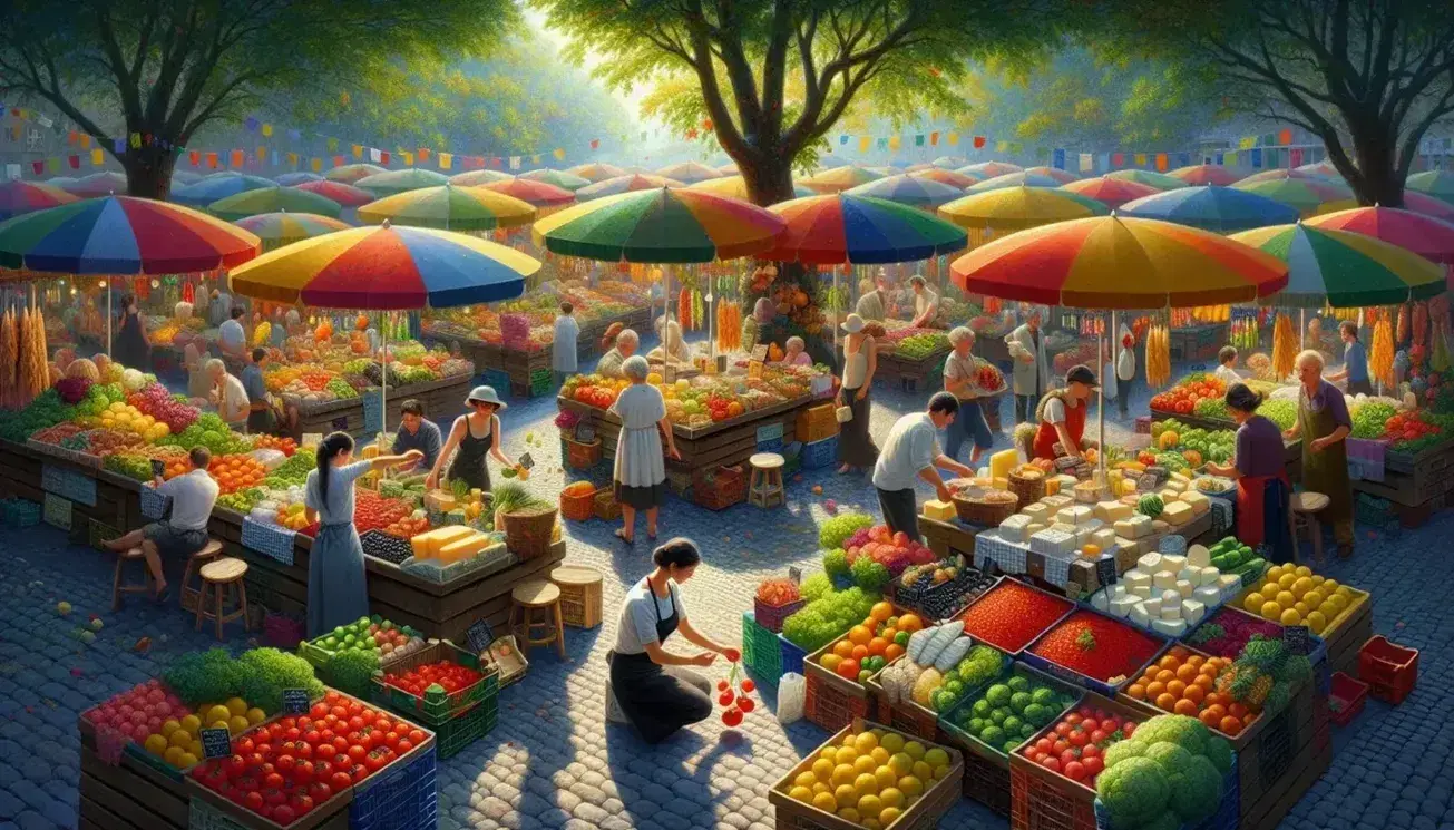 Mercato all'aperto con bancarelle colorate di frutta, verdura, formaggi e pane, persone che fanno acquisti sotto ombrelloni multicolori in una giornata soleggiata.
