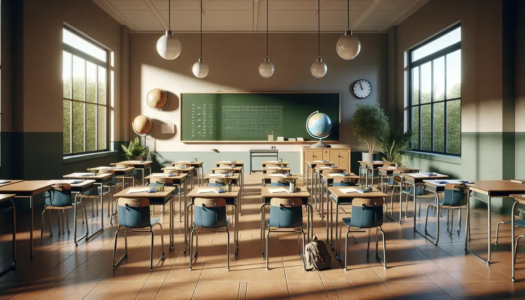 Aula escolar vacía con filas de pupitres de madera y sillas azules, pizarra verde, reloj, globo terráqueo y planta, iluminada por luz natural.
