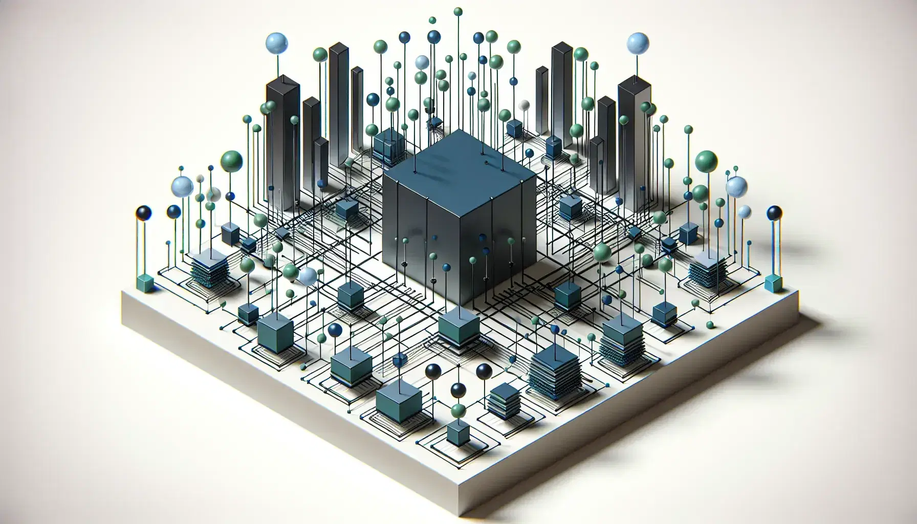 Estructura organizacional en 3D con cubo central azul oscuro, prismas rectangulares y esferas verdes conectadas por líneas negras en fondo blanco.