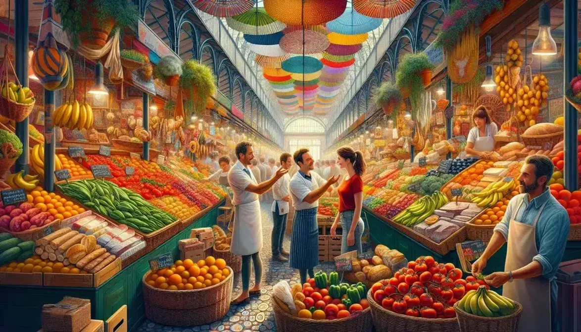 Mercato spagnolo tradizionale con bancarella di frutta e verdura colorata, cliente e venditore in conversazione, ombrelloni vivaci e cesto di pane fresco.