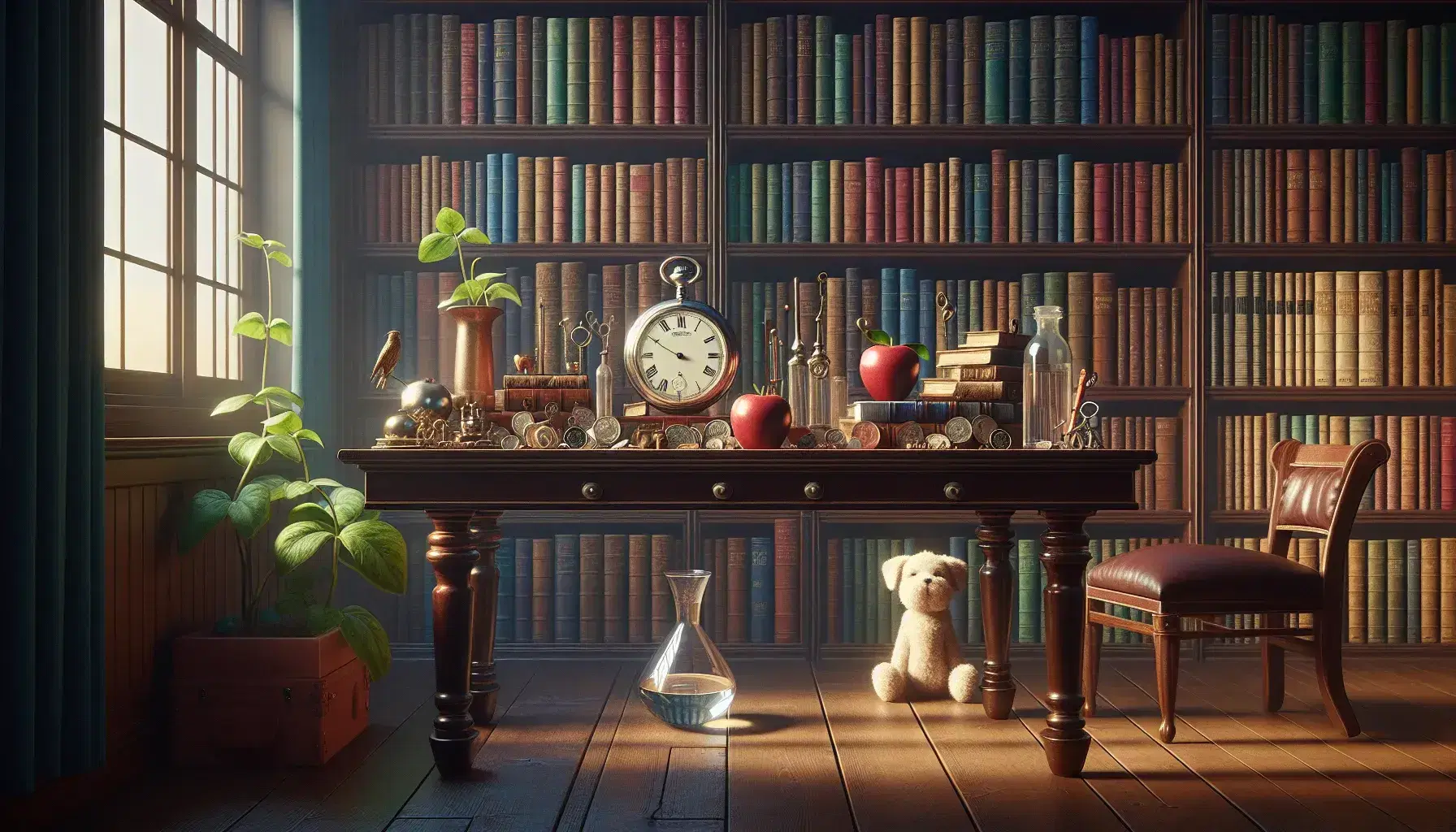Biblioteca con tavolo in legno, mela rossa, orologio tascabile, chiavi antiche, peluche cane, vaso con monete, pianta e sedia con cuscino blu.
