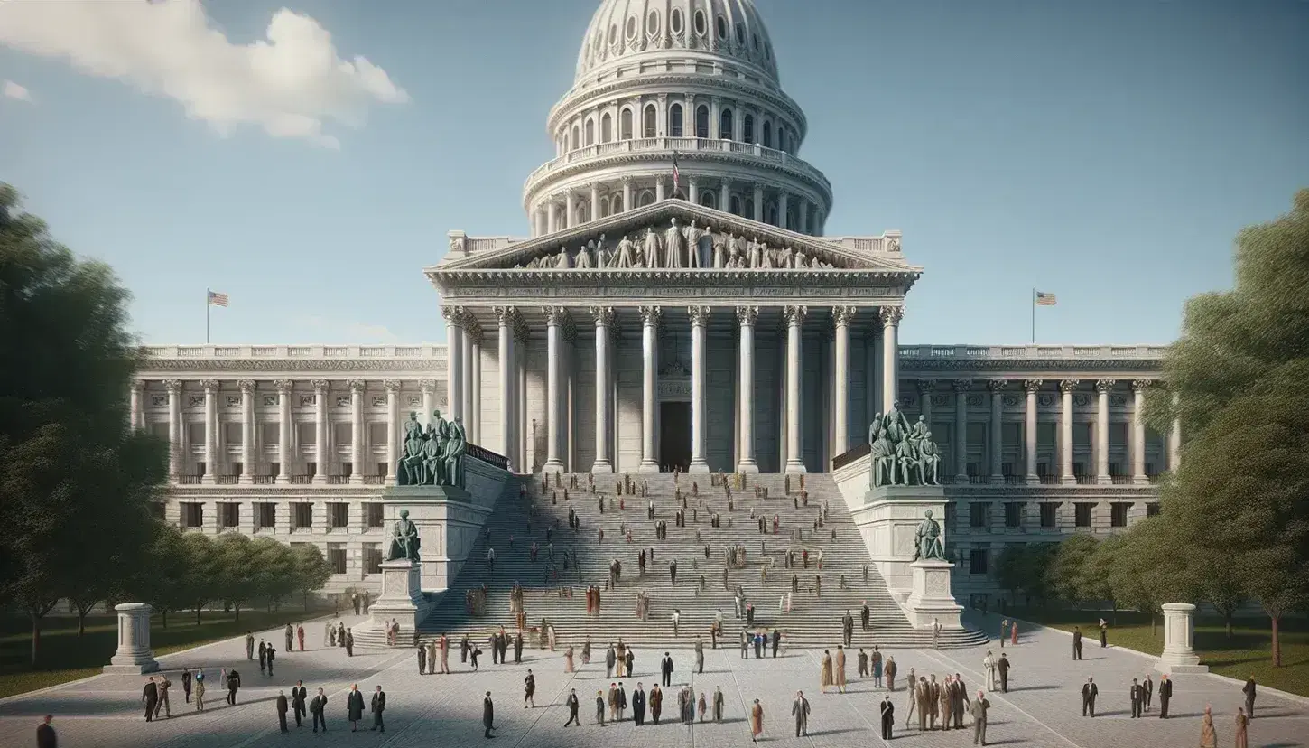 Neoclassical building with dome and columns, flanked by bronze statues and surrounded by people on steps, under a clear blue sky.