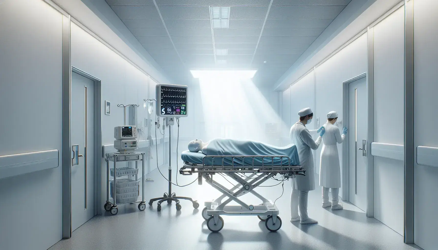 Paciente recostado en camilla hospitalaria mientras un profesional de la salud ajusta monitor de signos vitales y otro administra inyección.