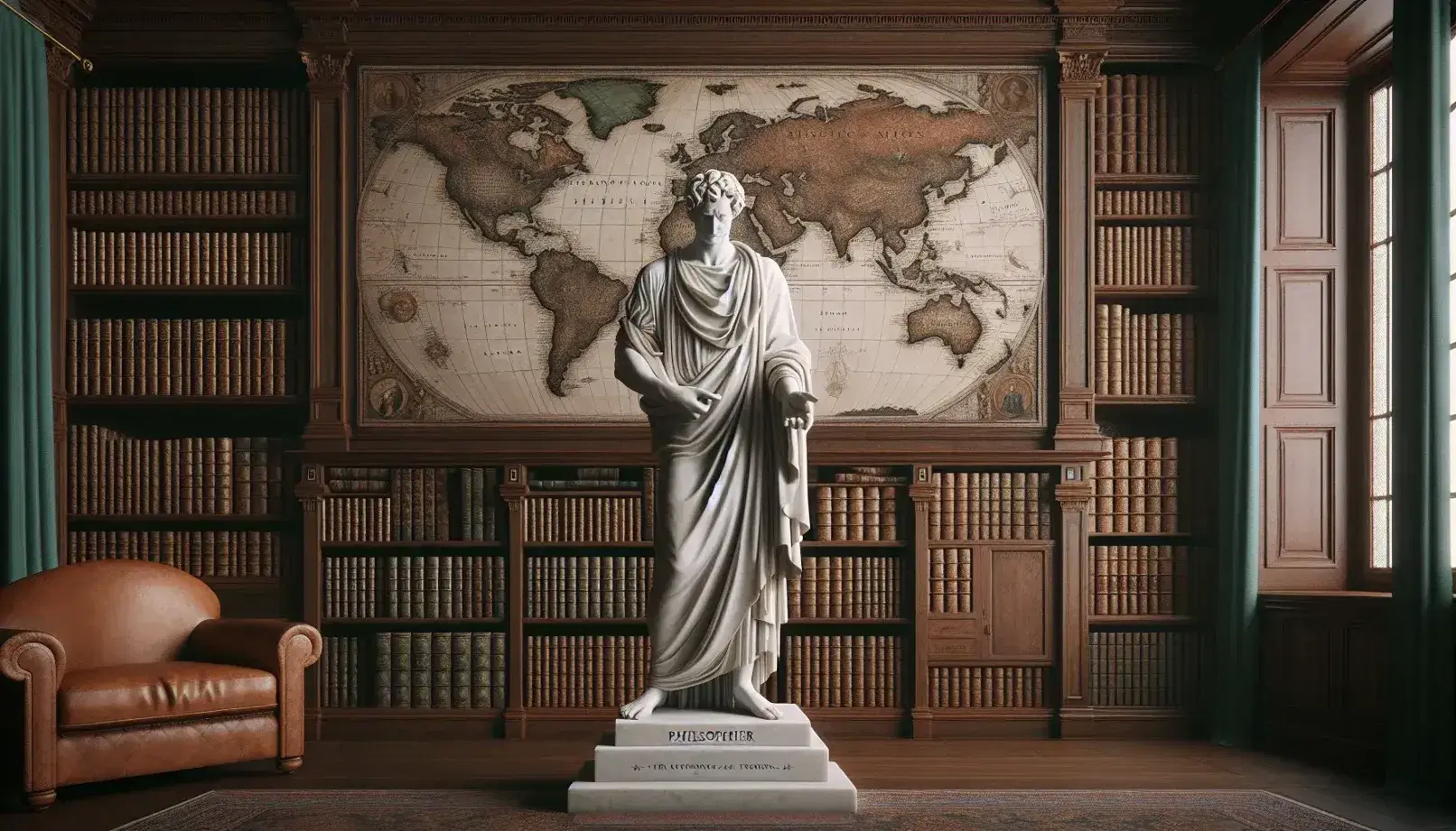 Statua marmorea di filosofo storico in abiti rinascimentali riflette tra scaffali di libri antichi e mappa del mondo in una biblioteca classica.