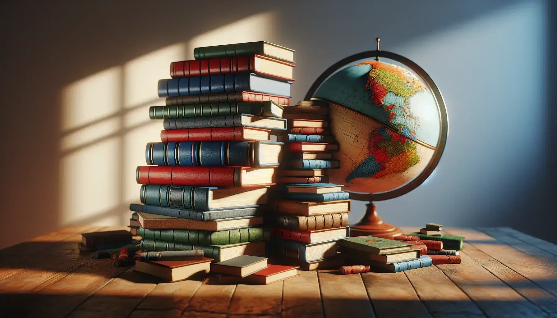 Pila de libros de colores variados sobre mesa de madera junto a un globo terráqueo colorido, iluminados por luz natural, sin texto visible.