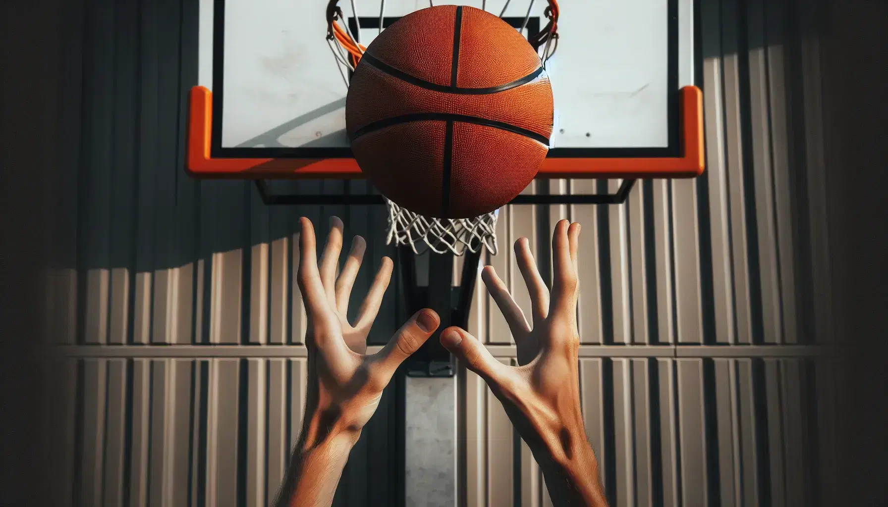 Manos preparadas para atrapar un balón de baloncesto en el aire con aro de fondo, destacando la acción y habilidad en el juego.