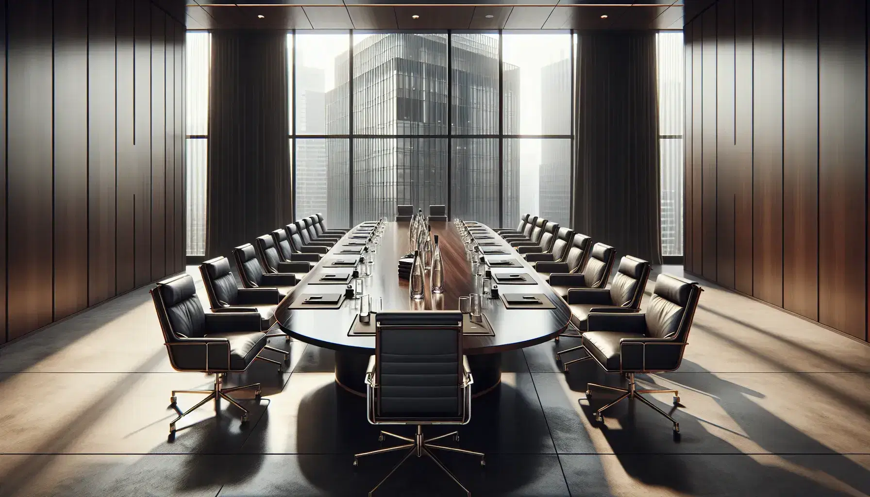Elegant boardroom with oval wooden table, charcoal gray chairs, laptops, water bottles, and notepads, framed by floor-to-ceiling windows with city views.
