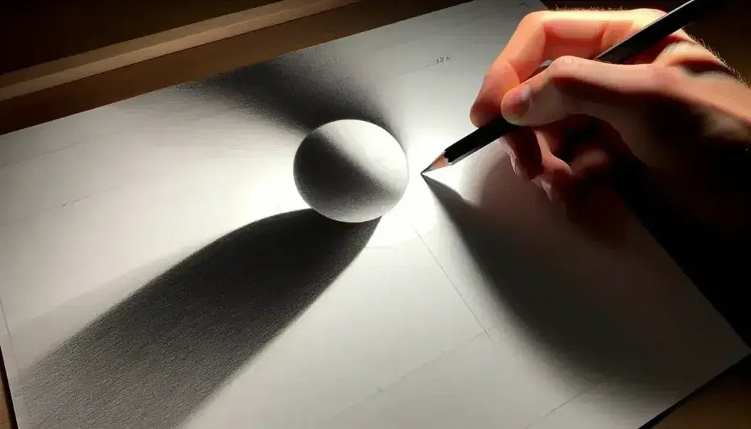 Mano sosteniendo lápiz de grafito dibujando esfera con efecto de luz y sombra en papel blanco, mostrando contraste y técnica de sombreado.