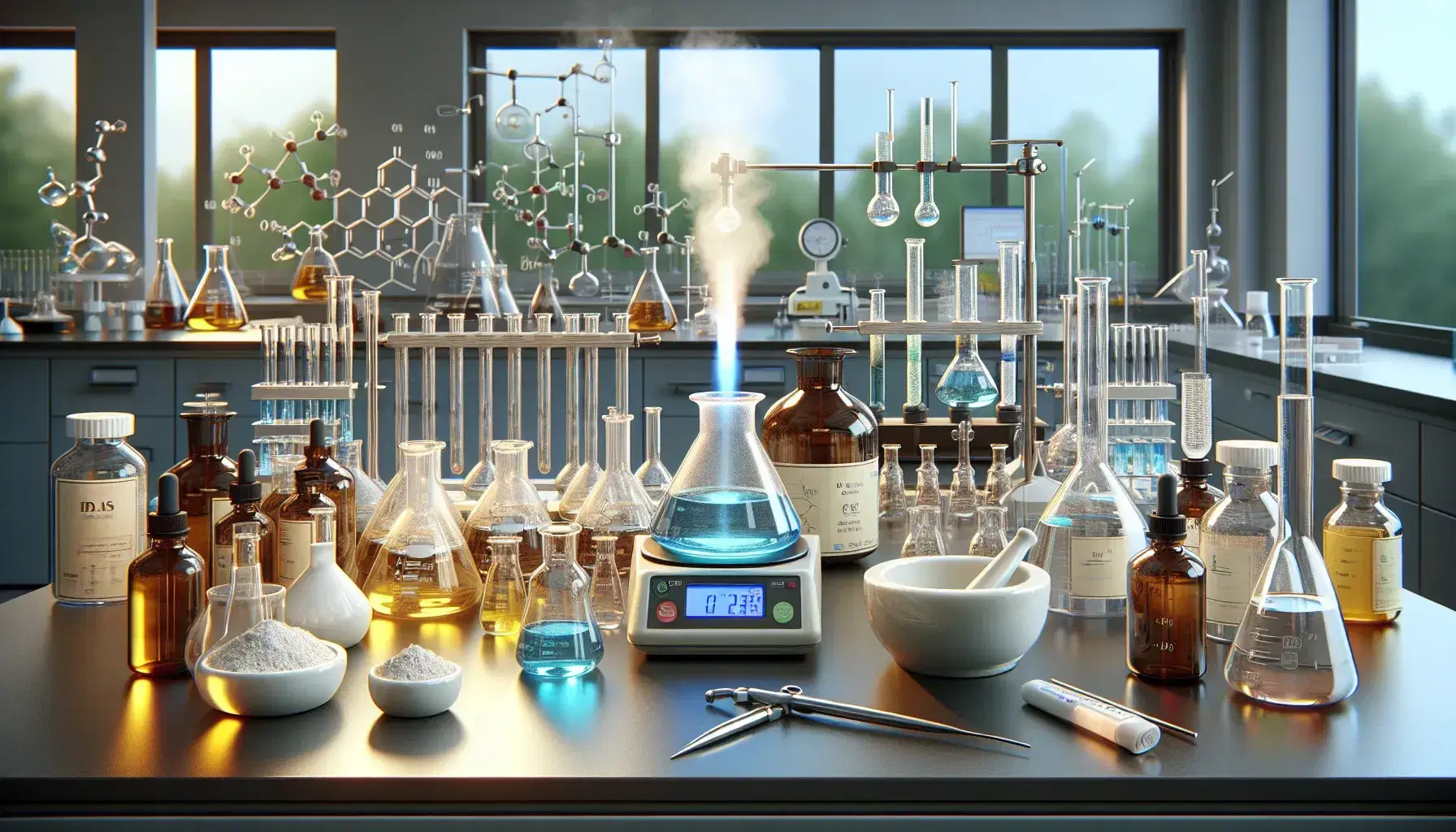 Laboratorio di chimica inorganica con banco di lavoro, provette, becher con liquidi colorati, fiamma di Bunsen, mortaio e bilancia digitale.