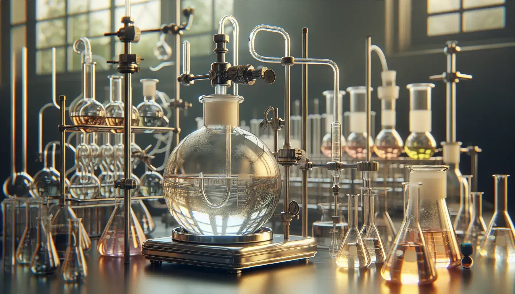 Close-up of a chemical laboratory bench with a round bottom flask connected to a distiller, flame of a burner and colored test tubes.