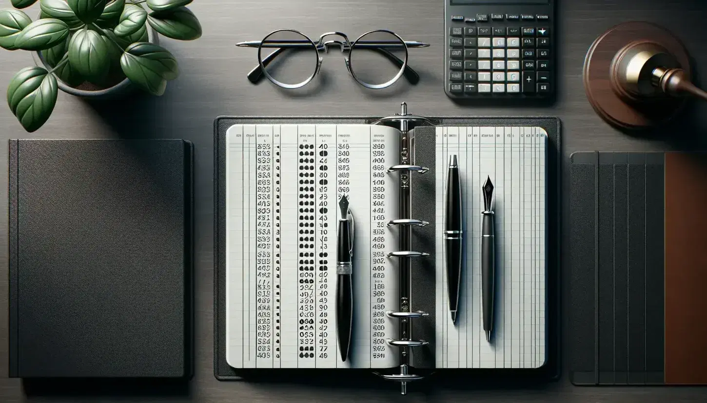 Organized office desk with open ledger, metallic fountain pen on notebook, round-rimmed eyeglasses, calculator, and potted plant.