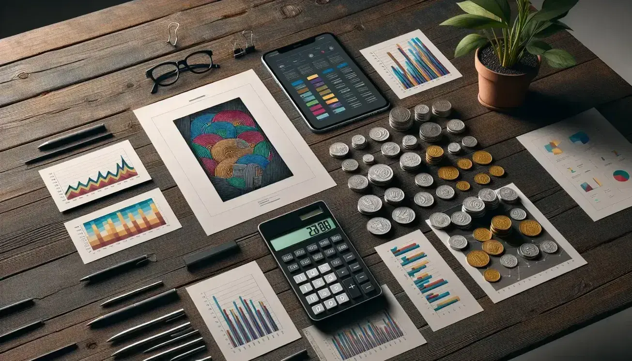 Mesa de madera oscura con calculadora apagada, monedas apiladas, gráficos impresos, smartphone, gafas y planta en maceta, en ambiente de análisis financiero.