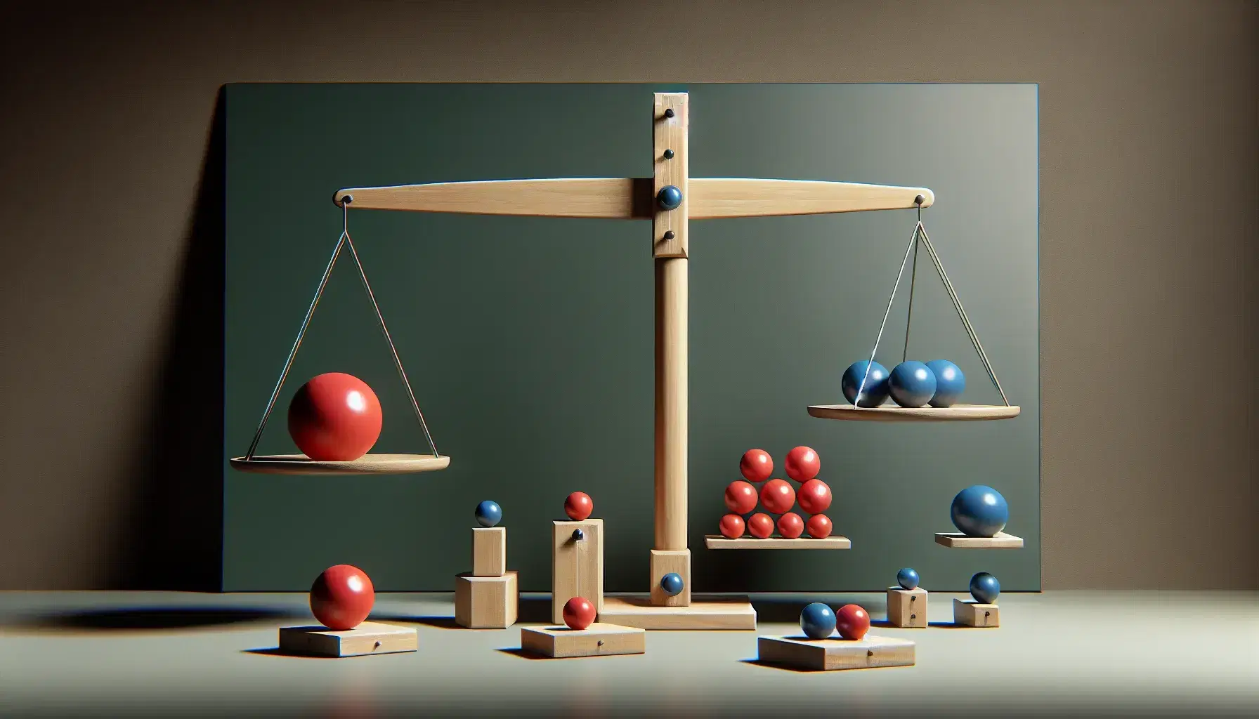 Balanzas en equilibrio con esferas rojas y azules demostrando proporcionalidad matemática, junto a figuras geométricas de madera sobre fondo de pizarra verde.