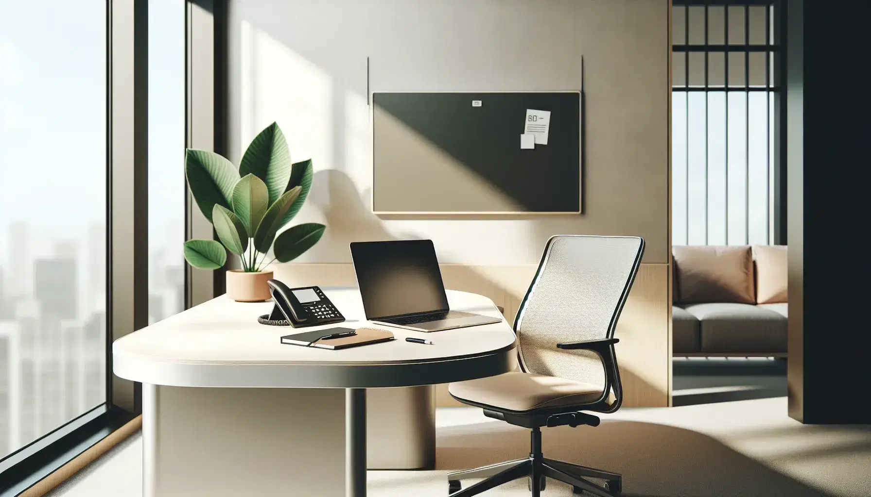 Oficina moderna y luminosa con mesa de trabajo, silla ergonómica, portátil, teléfono inalámbrico y planta verde junto a pizarra blanca.
