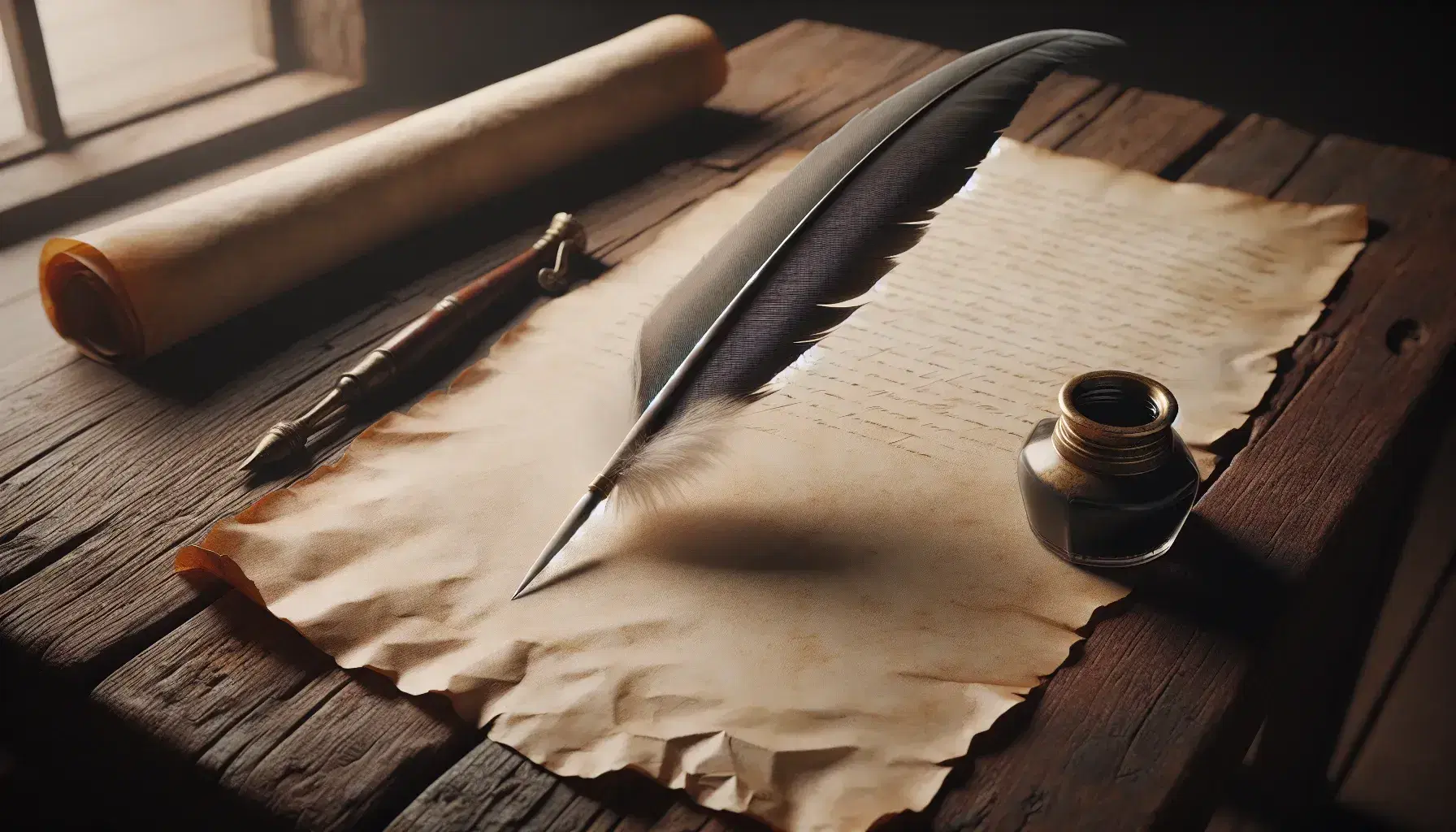 Antique quill pen on blank parchment with brass inkwell on a wooden table, evoking a vintage writing scene in a softly lit room.