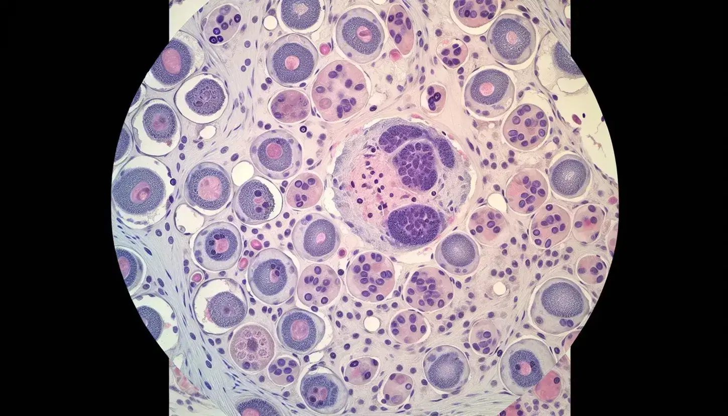 Vista microscópica de tejido humano con células redondas y ovales teñidas en tonos rosas y morados, mostrando núcleos oscuros y matriz extracelular clara.