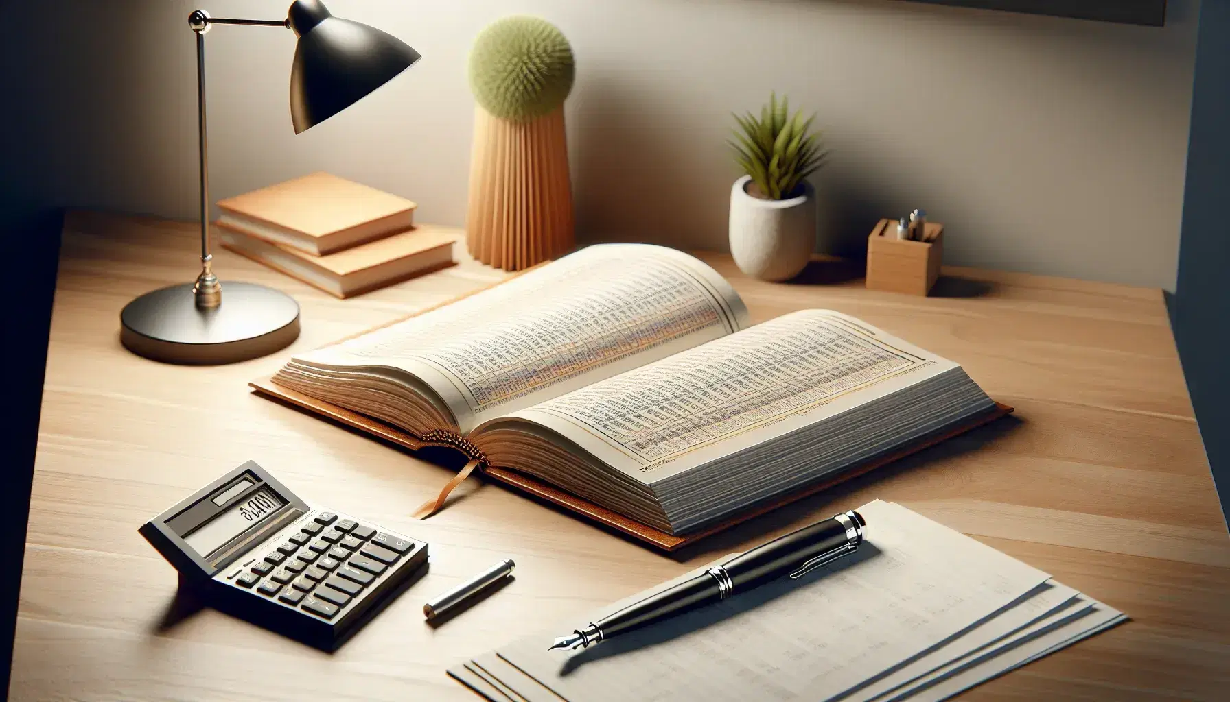 Scrivania in legno chiaro con libro contabile aperto, penna stilografica nera, calcolatrice moderna, fogli bianchi e pianta verde.