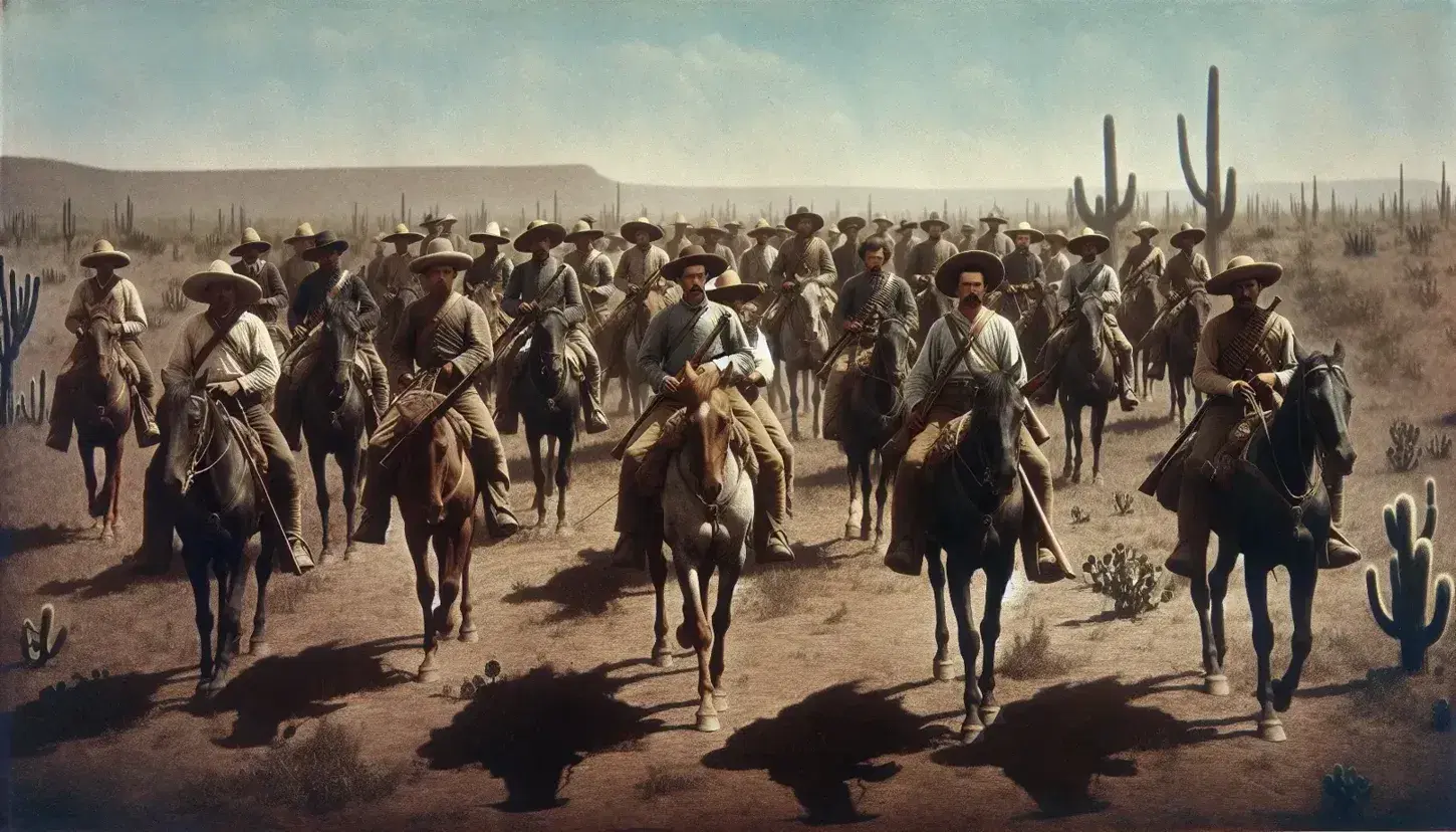 Grupo de hombres a caballo en vestimenta del siglo XX avanzando en paisaje árido con cactus, sombreros anchos y rifles, bajo cielo despejado.