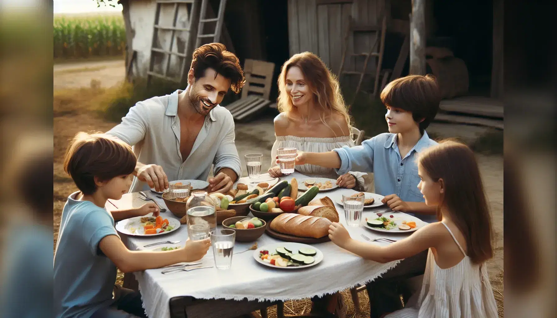 Familia disfrutando de comida al aire libre en mesa rústica con mantel blanco, rodeados de jardín verde y flores coloridas en día soleado.
