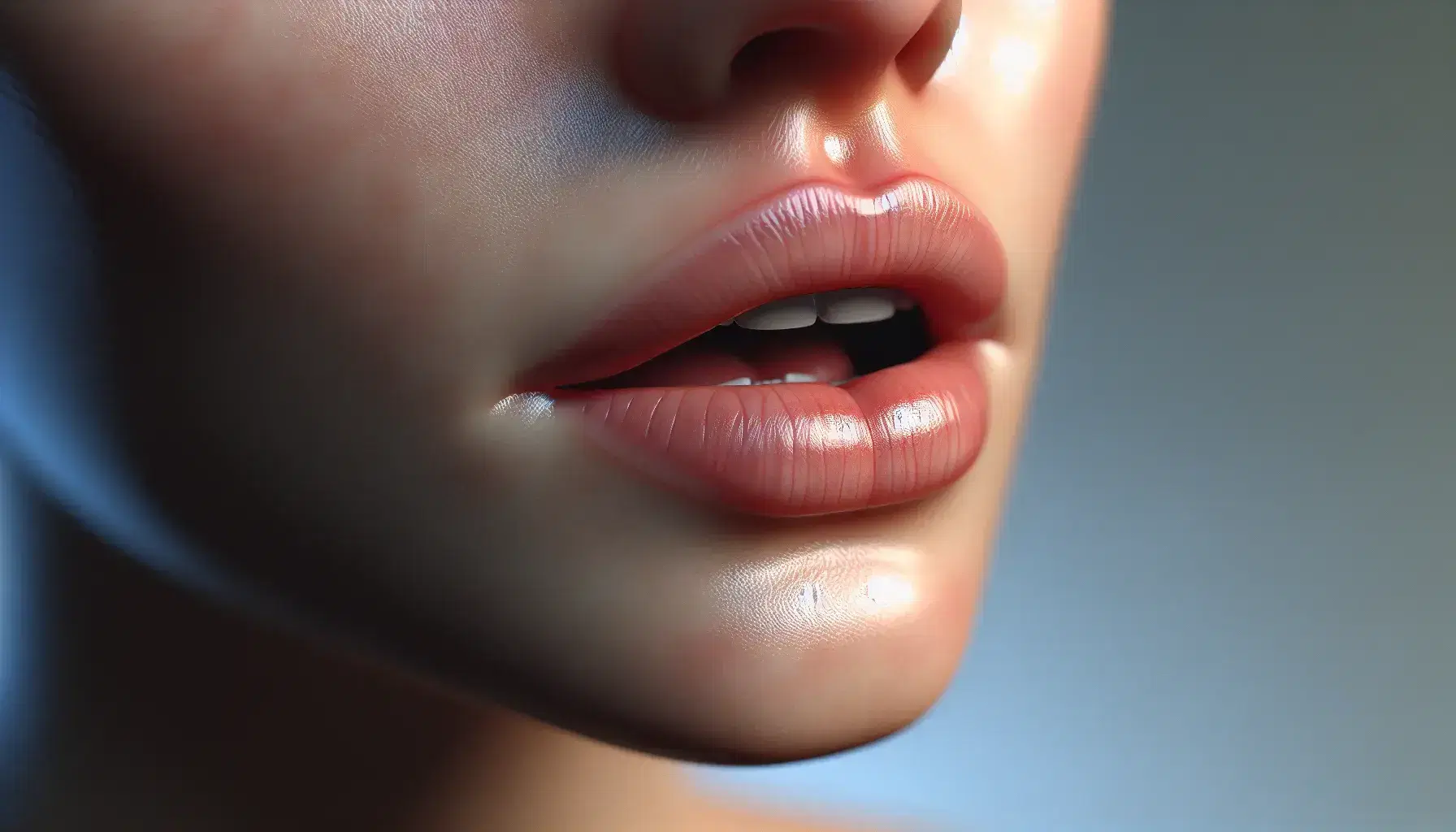 Close-up view of a person speaking, with lips slightly parted showing upper teeth and tongue, against a soft blue background.