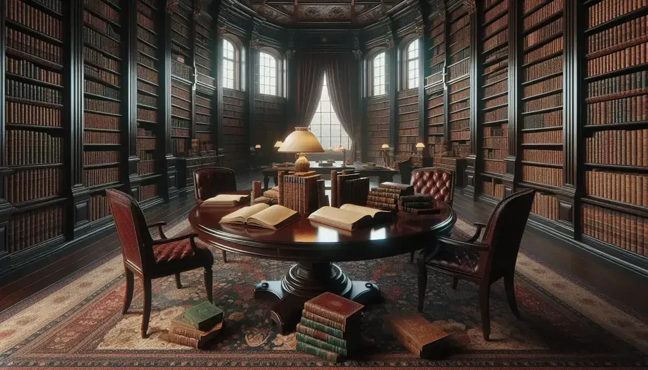 Biblioteca tradizionale con scaffali in legno scuro pieni di libri rilegati, tavolo ovale centrale con libri aperti, sedie imbottite e tappeto persiano.