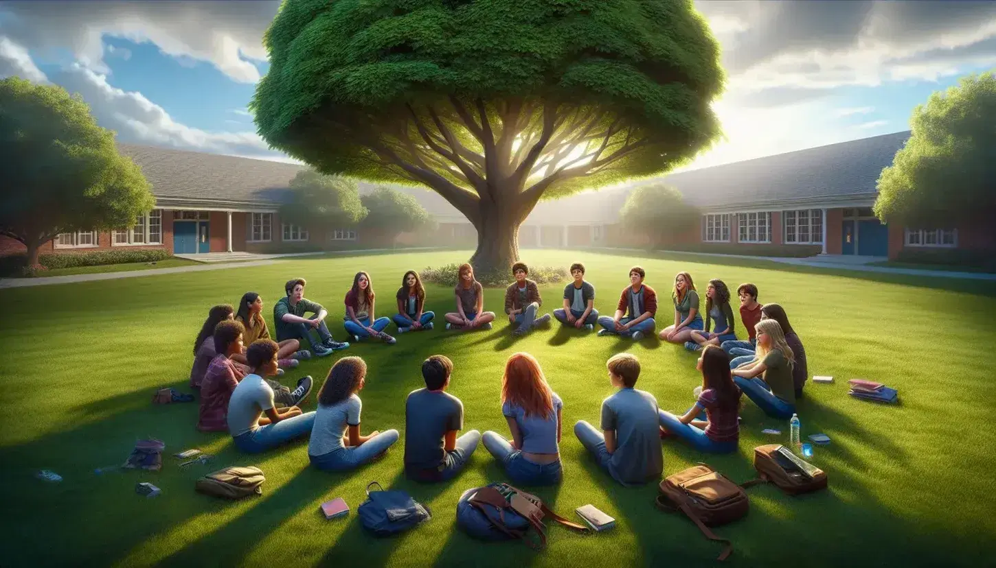 Gruppo di adolescenti multietnici seduti in cerchio su prato verde con albero al centro, conversano e ridono, zaini e libri intorno.