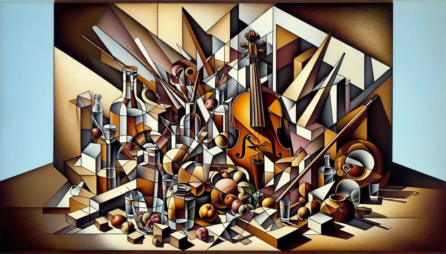 Riproduzione fotografica di un dipinto cubista con oggetti geometrici sovrapposti come bottiglia, giornale, violino e fruttiera in toni di marrone, grigio e beige.