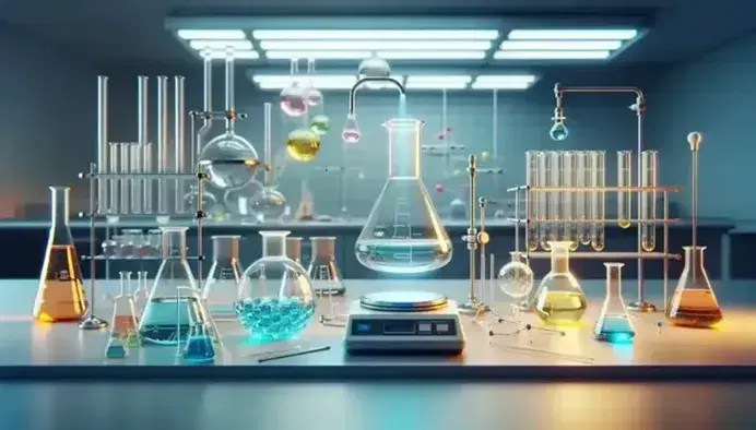 Laboratorio científico con matraces Erlenmeyer de líquidos coloridos, vaso de precipitados con vapor y balanza analítica en fondo.