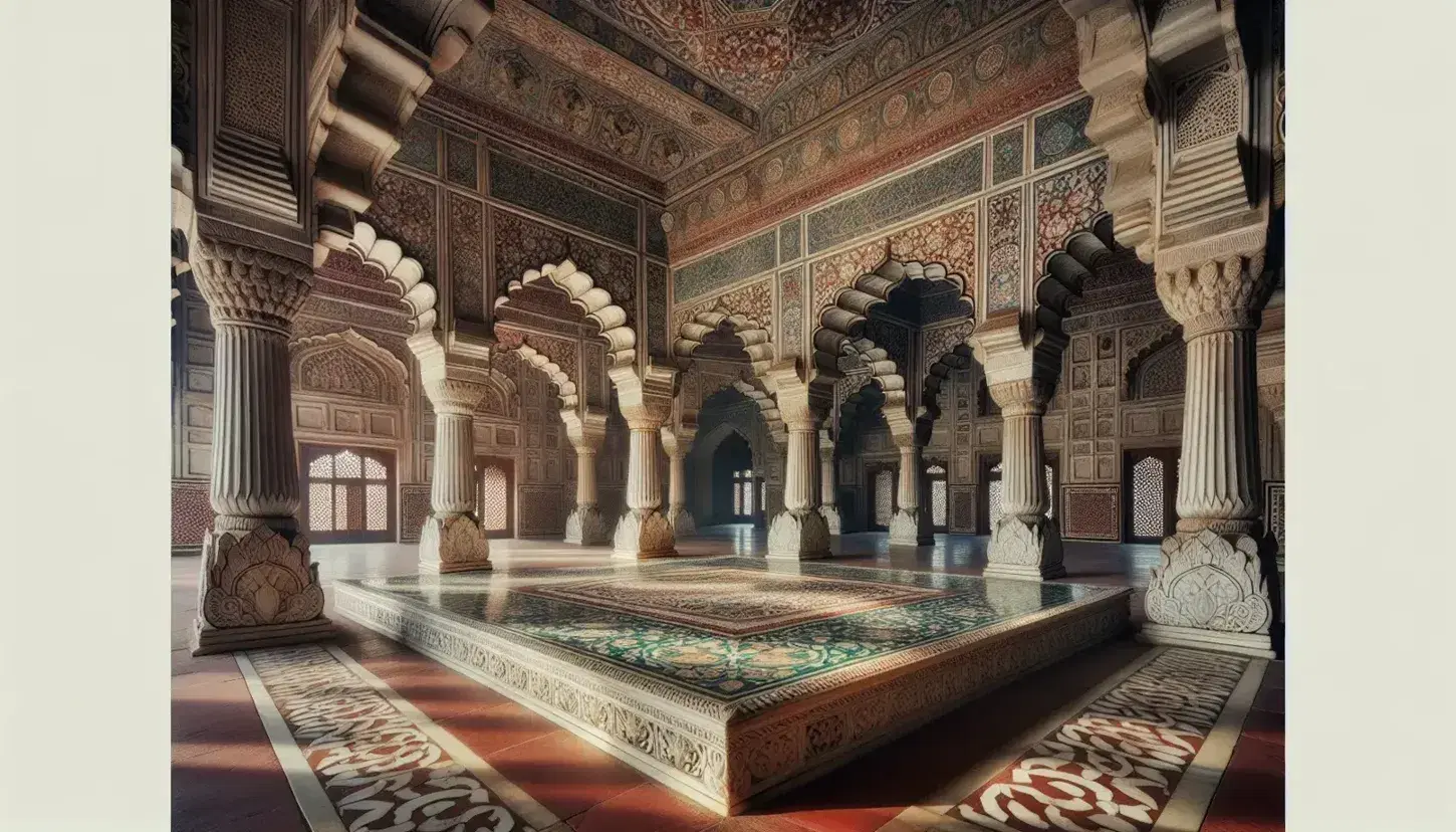 Interior view of Diwan-i-Khas in Red Fort, Delhi, showcasing the ornate white marble platform, carved columns, and inlaid stone walls with floral designs.
