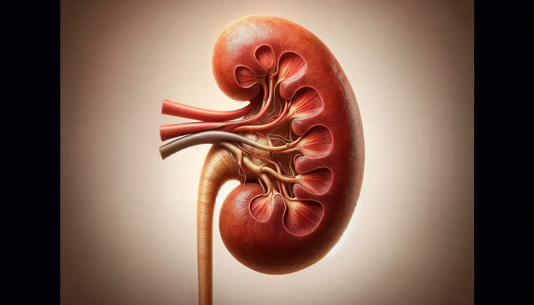 Human kidney with adrenal gland, renal artery, vein, and ureter, depicted in anatomical detail against a light background, highlighting the organ's structure.