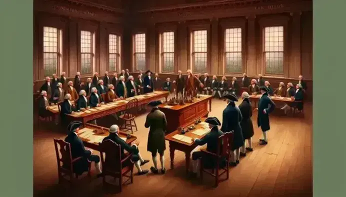 Late 18th century scene inside Independence Hall in Philadelphia with men in period clothing around a large mahogany table.
