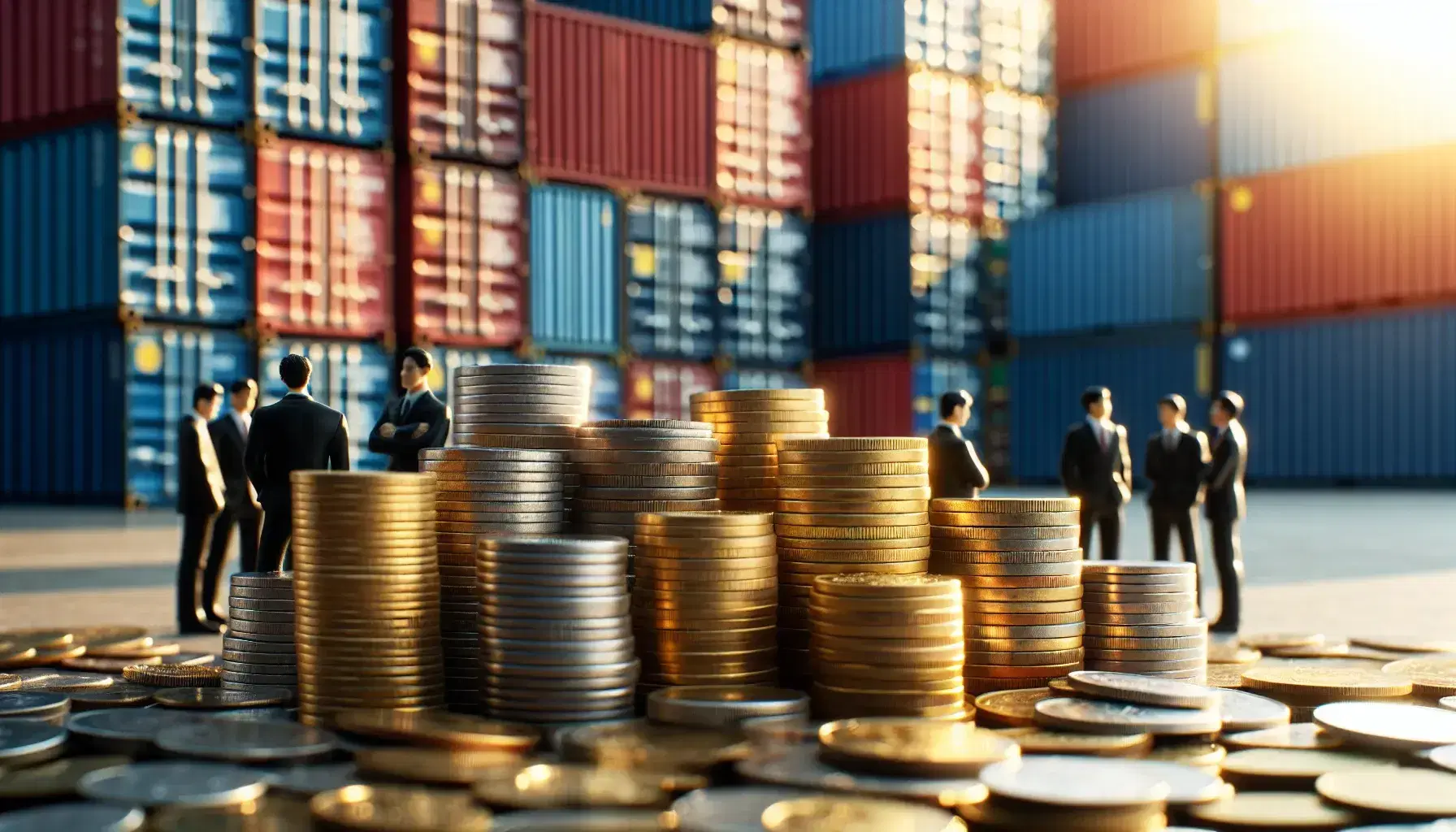 Monedas de distintos colores apiladas en torres con contenedores de carga y personas en traje al fondo, simbolizando comercio internacional.