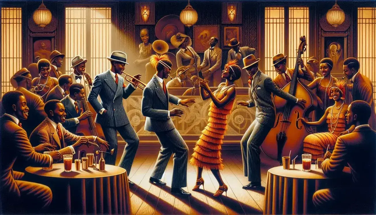 Lively Harlem Renaissance scene with elegant dancers and jazz band in a club with soft lighting and art deco decorations.