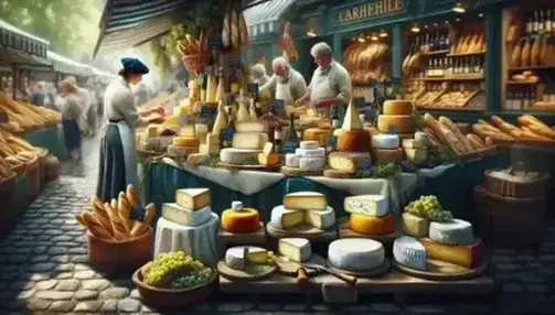 Mercato francese all'aperto con tavolo di formaggi assortiti, cestini di baguette, bottiglie di vino, uva e mele, sotto cielo azzurro.