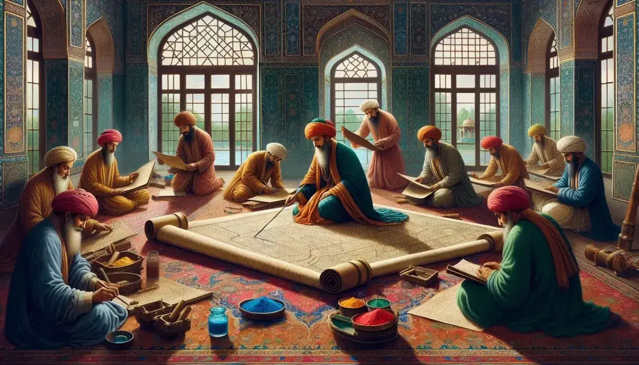 Mughal-era cartographers meticulously crafting a map on parchment, seated on a Persian carpet, with assistants mixing pigments and measuring, in a richly adorned room.
